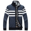 Autumn Winter Mens Sweaters Casual Striped Fleece Warm Cardigan Men Windbreaker Stand Collar Long Sleeve Sweater Hombre