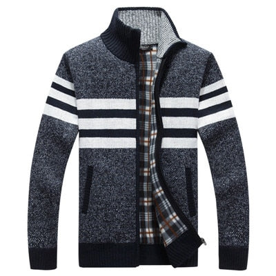 Autumn Winter Mens Sweaters Casual Striped Fleece Warm Cardigan Men Windbreaker Stand Collar Long Sleeve Sweater Hombre