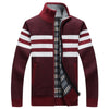 Autumn Winter Mens Sweaters Casual Striped Fleece Warm Cardigan Men Windbreaker Stand Collar Long Sleeve Sweater Hombre